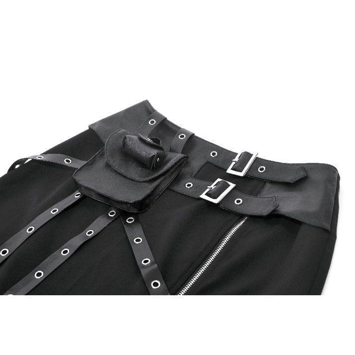 Darkinlove Women's Punk Asymmetric Eyelet Strappy Zip Long Skirt