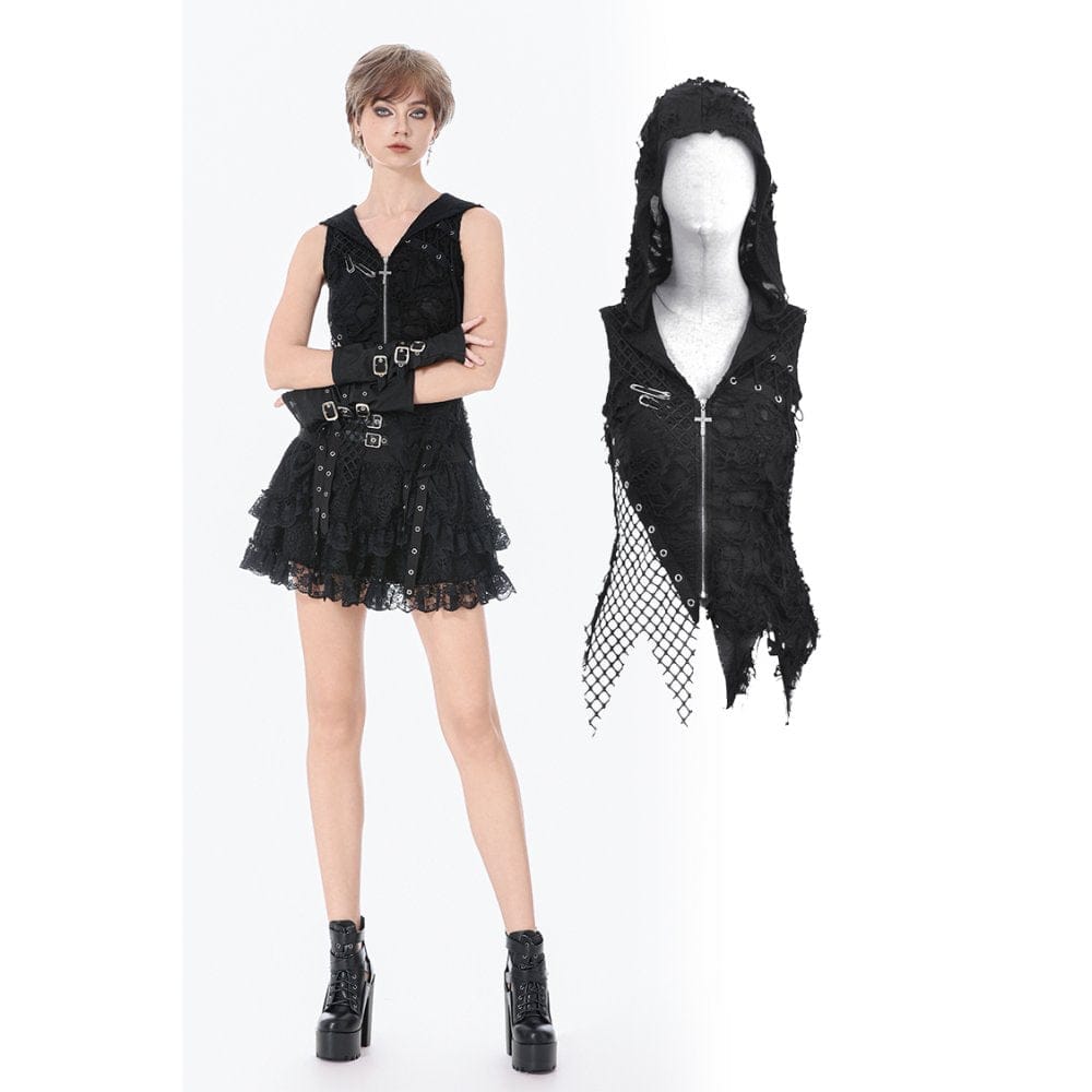 Darkinlove Women's Punk Asymmetric Ripped Hooded Top