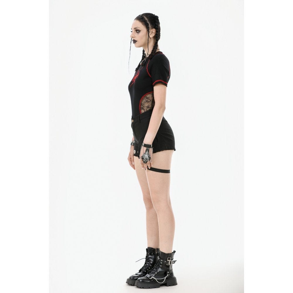 Darkinlove Women's Punk Asymmetry Rivet Shorts with Leg Strap