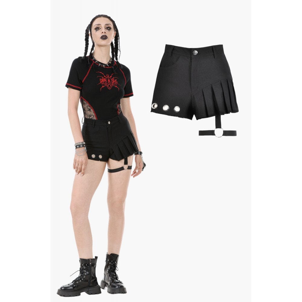 Darkinlove Women's Punk Asymmetry Rivet Shorts with Leg Strap