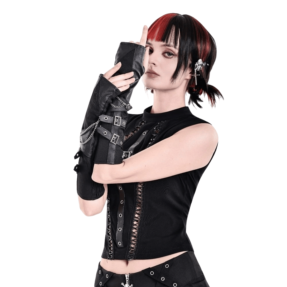 Darkinlove Women's Punk Buckle Strap Chain Gloves