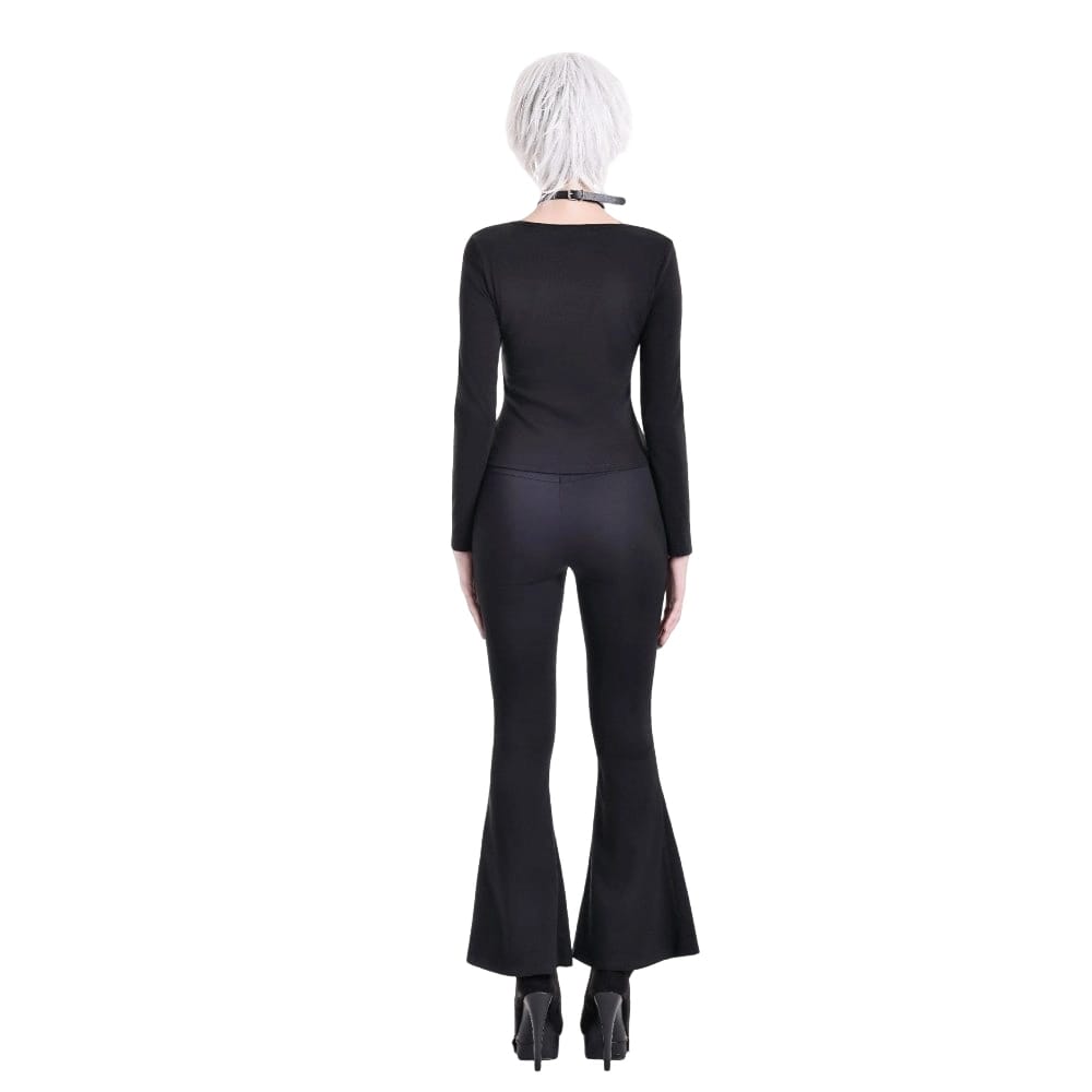 Darkinlove Women's Punk Buckle Strap Eyelet Lace-up Flare Pants