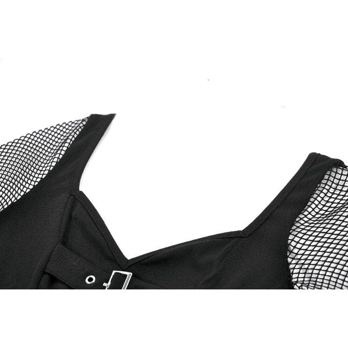 Darkinlove Women's Punk Buckle Strap Mesh Splice Long Sleeved Top