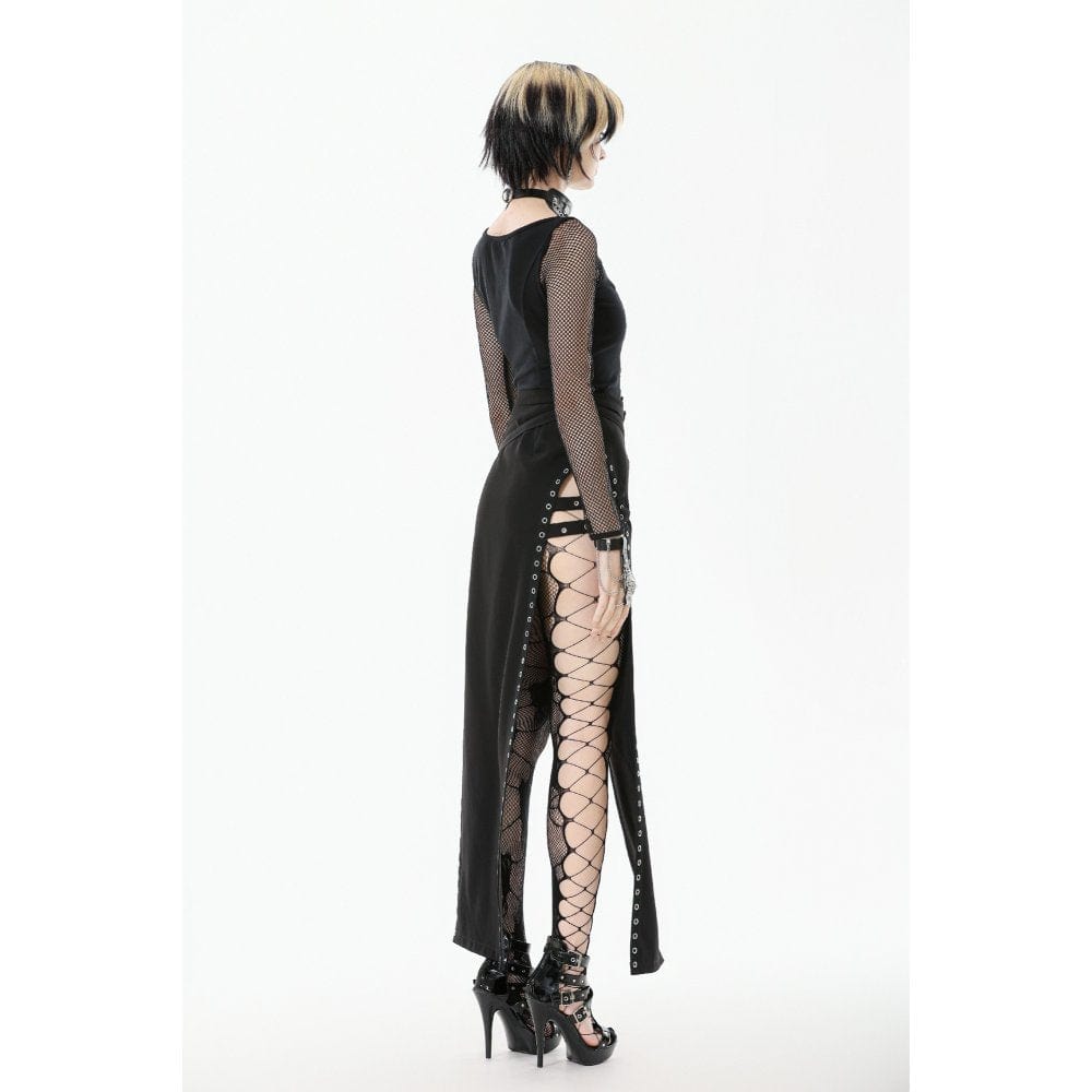 Darkinlove Women's Punk Buckle Strap Mesh Splice Long Sleeved Top