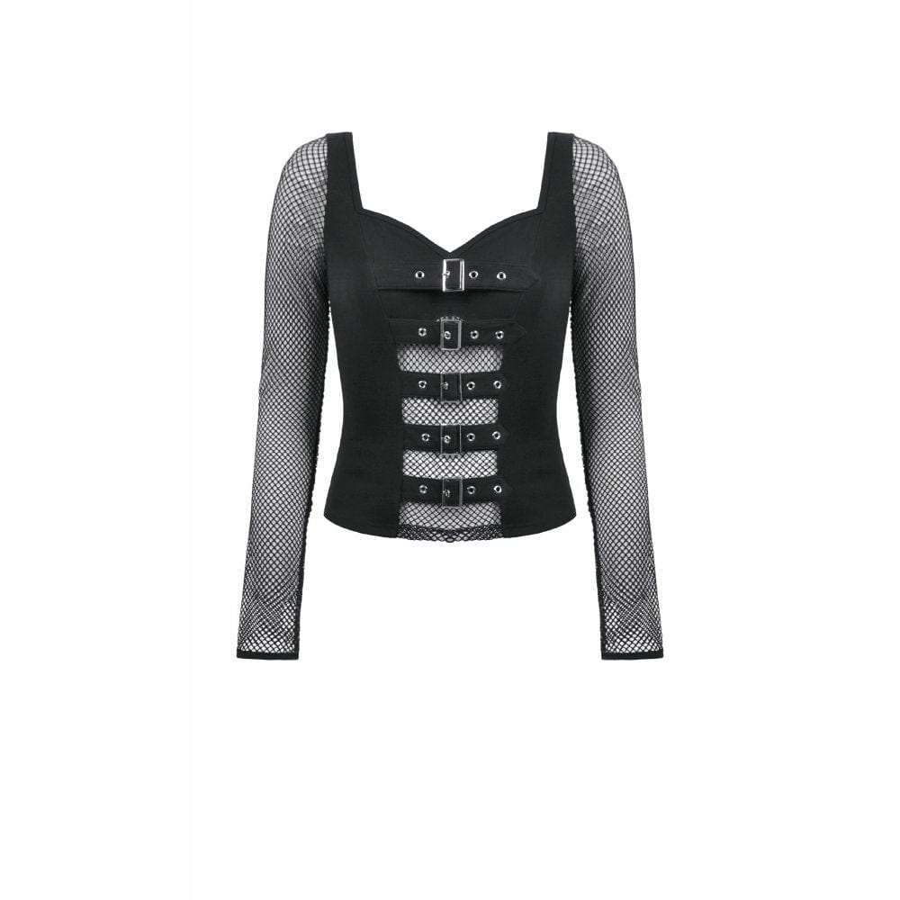 Darkinlove Women's Punk Buckle Strap Mesh Splice Long Sleeved Top