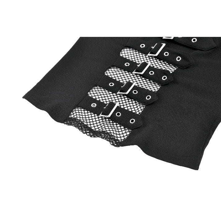 Darkinlove Women's Punk Buckle Strap Mesh Splice Long Sleeved Top