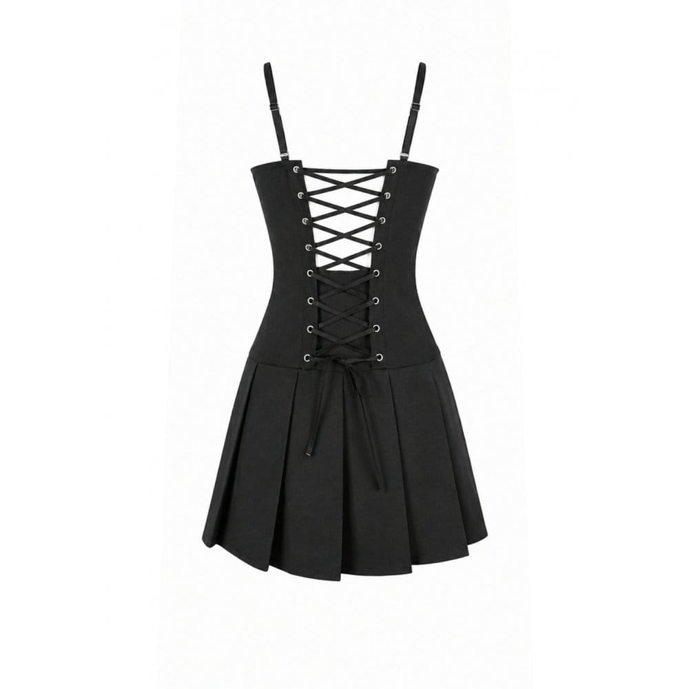 Darkinlove Women's Punk Buckle Strap Mesh Splice Pleated Hem Slip Dress