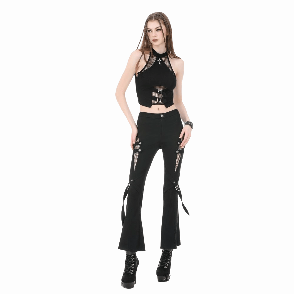 Darkinlove Women's Punk Buckle Straps Mesh Patchwork Flare Pants