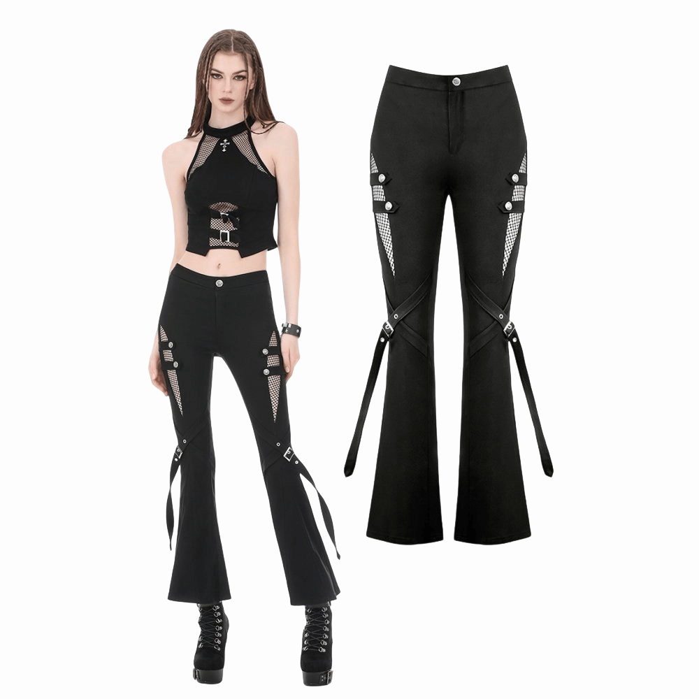Darkinlove Women's Punk Buckle Straps Mesh Patchwork Flare Pants