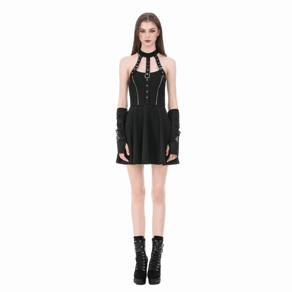 Darkinlove Women's Punk Buckle Straps Zippers Halter Dress