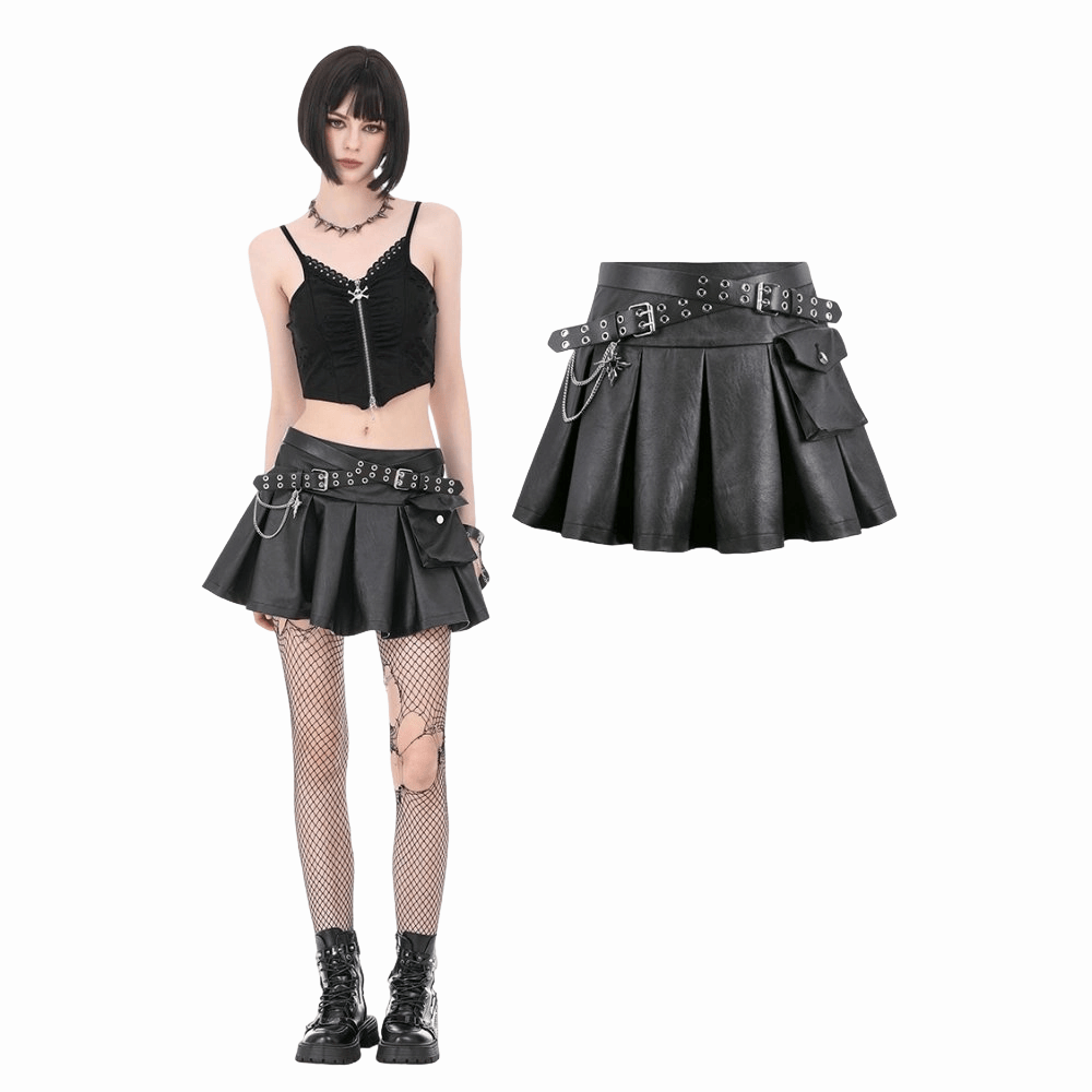 Darkinlove Women's Punk Cross Belt Chained Pleated Skirt
