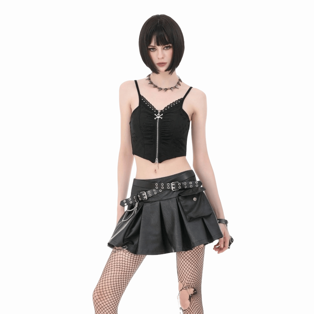 Darkinlove Women's Punk Cross Belt Chained Pleated Skirt