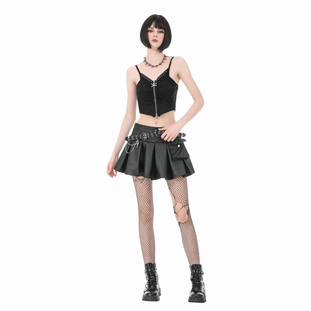 Darkinlove Women's Punk Cross Belt Chained Pleated Skirt