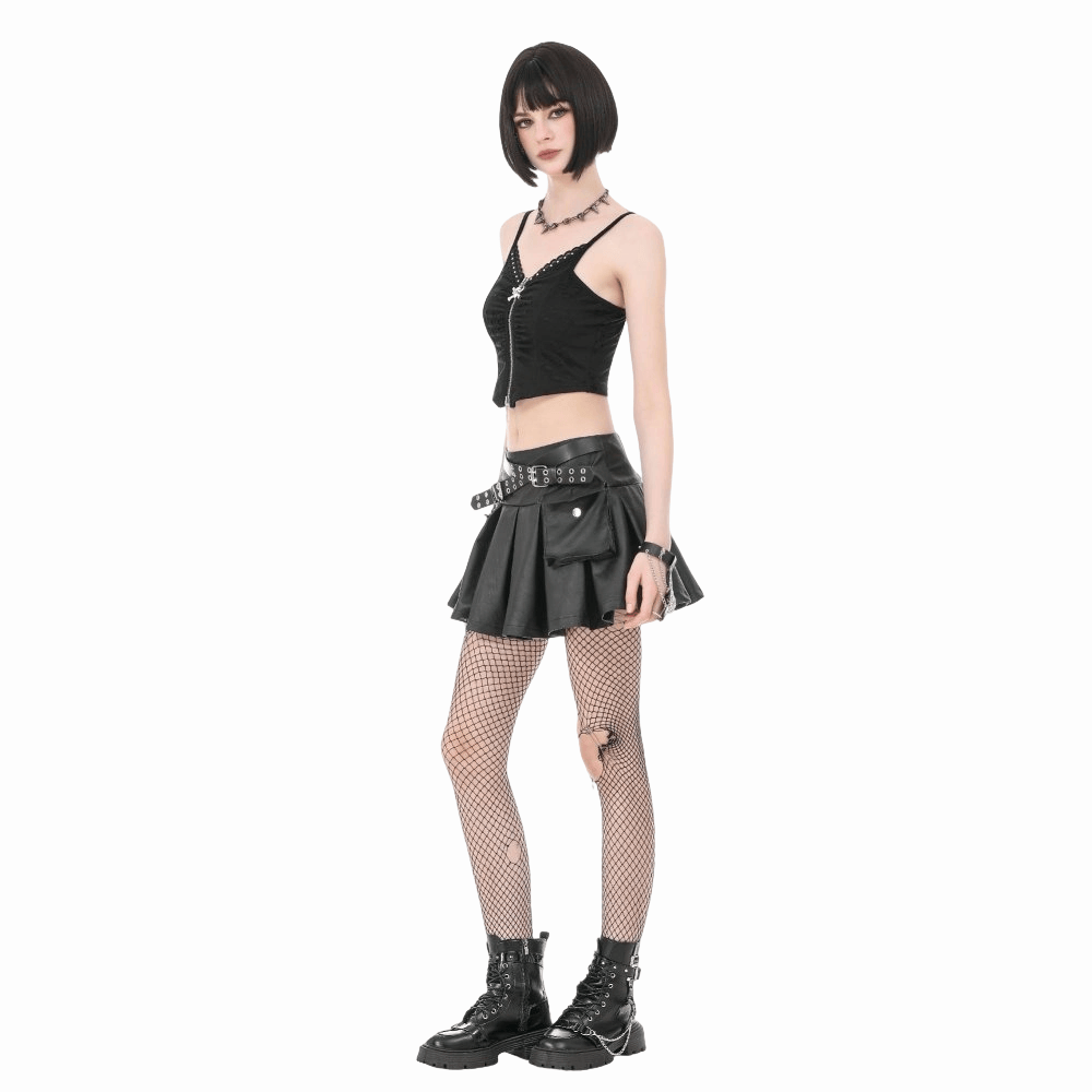 Darkinlove Women's Punk Cross Belt Chained Pleated Skirt