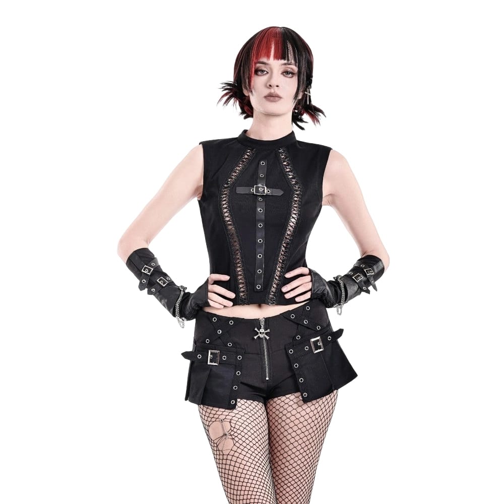 Darkinlove Women's Punk Cross Cutout Mock Neck Sleeveless Top