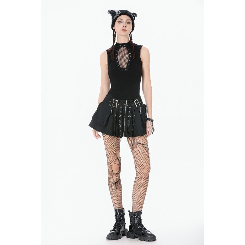 Darkinlove Women's Punk Cross Eyelet Coffin Mesh Splice Tank Top