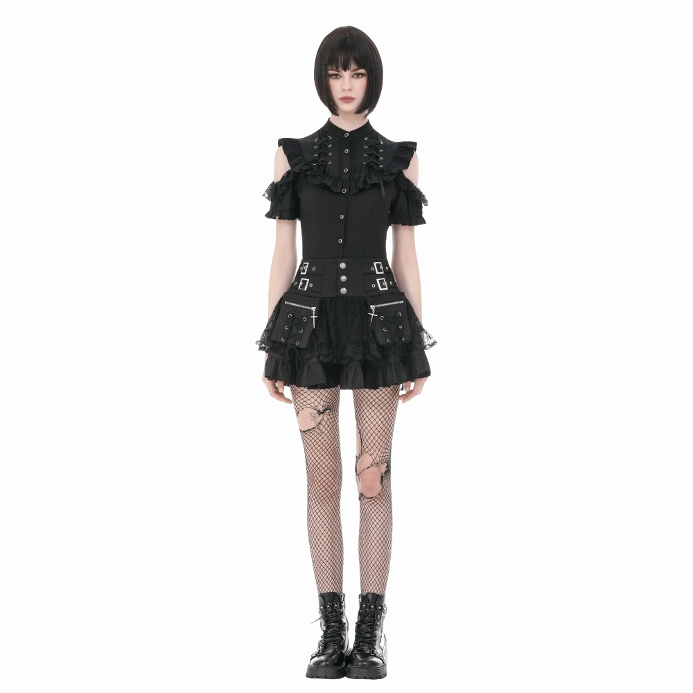 Darkinlove Women's Punk Cross Lace-up Pocket Ruffled Mini Skirt