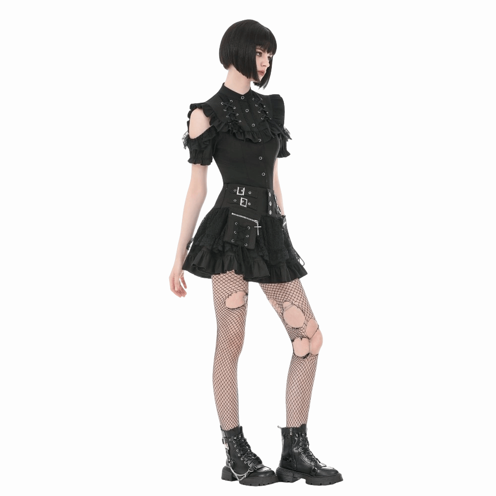 Darkinlove Women's Punk Cross Lace-up Pocket Ruffled Mini Skirt