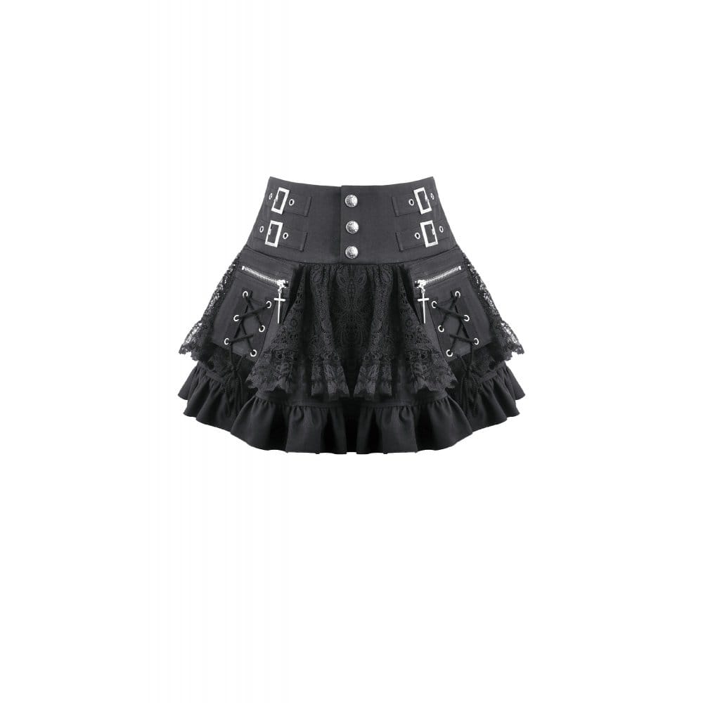 Darkinlove Women's Punk Cross Lace-up Pocket Ruffled Mini Skirt