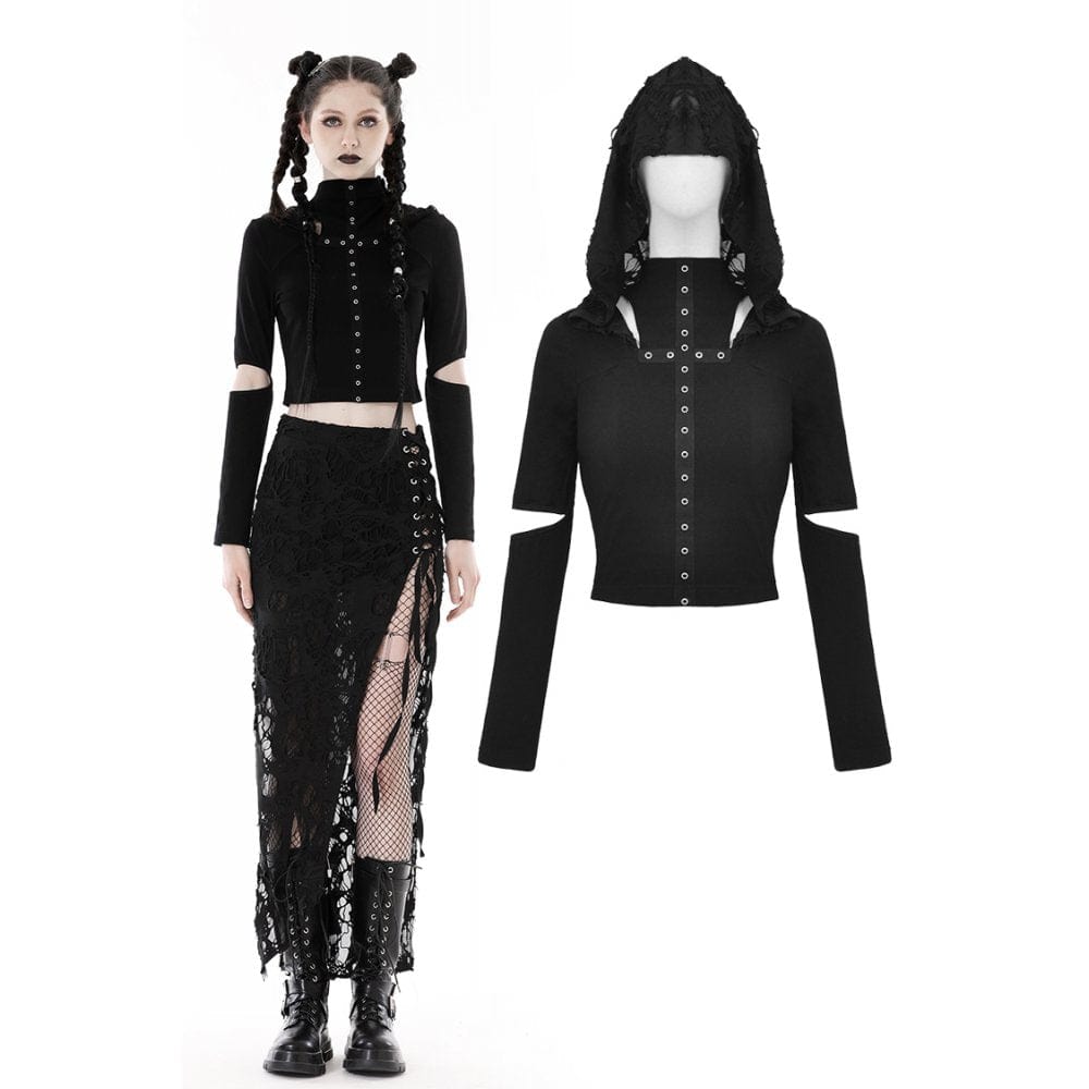 Darkinlove Women's Punk Cutout Eyelet Crop Top with Ripped Hood