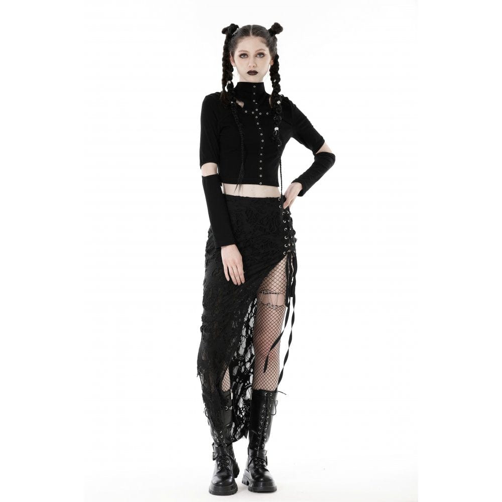 Darkinlove Women's Punk Cutout Eyelet Crop Top with Ripped Hood