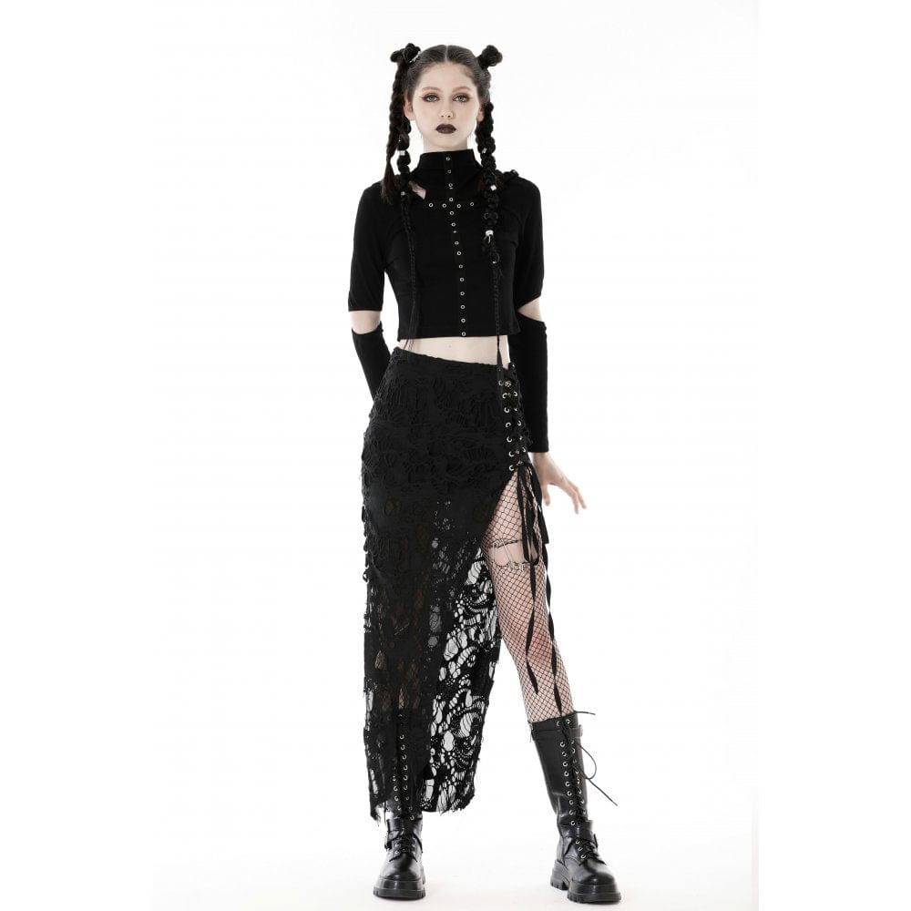 Darkinlove Women's Punk Cutout Eyelet Crop Top with Ripped Hood