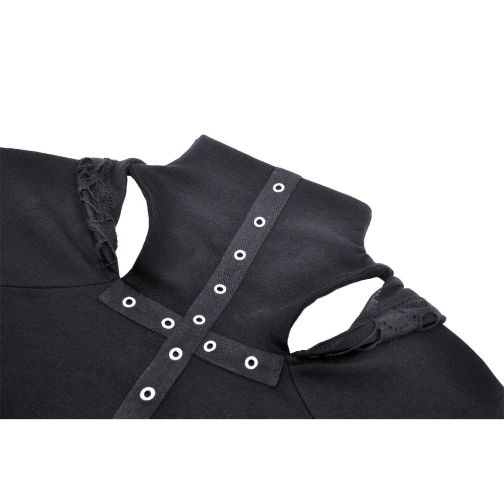 Darkinlove Women's Punk Cutout Eyelet Crop Top with Ripped Hood