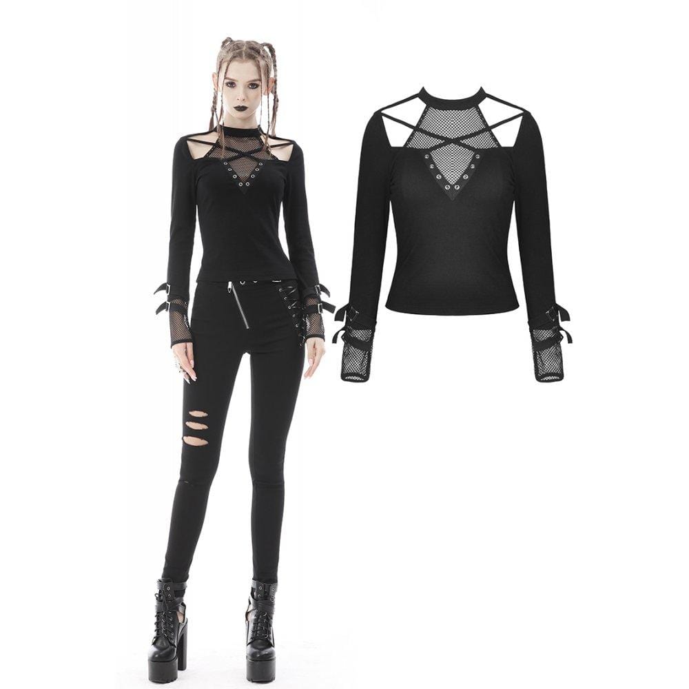 Darkinlove Women's Punk Cutout Mesh Splice Buckle T-shirt