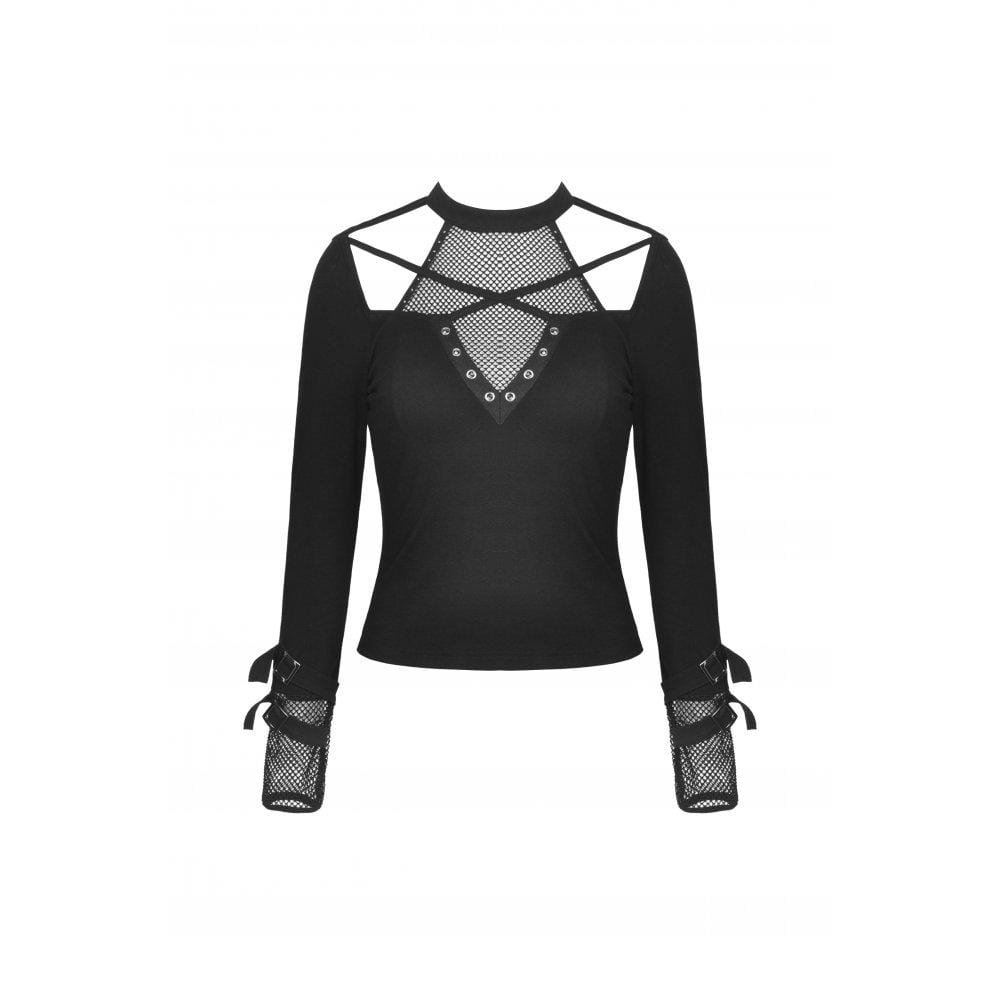 Darkinlove Women's Punk Cutout Mesh Splice Buckle T-shirt