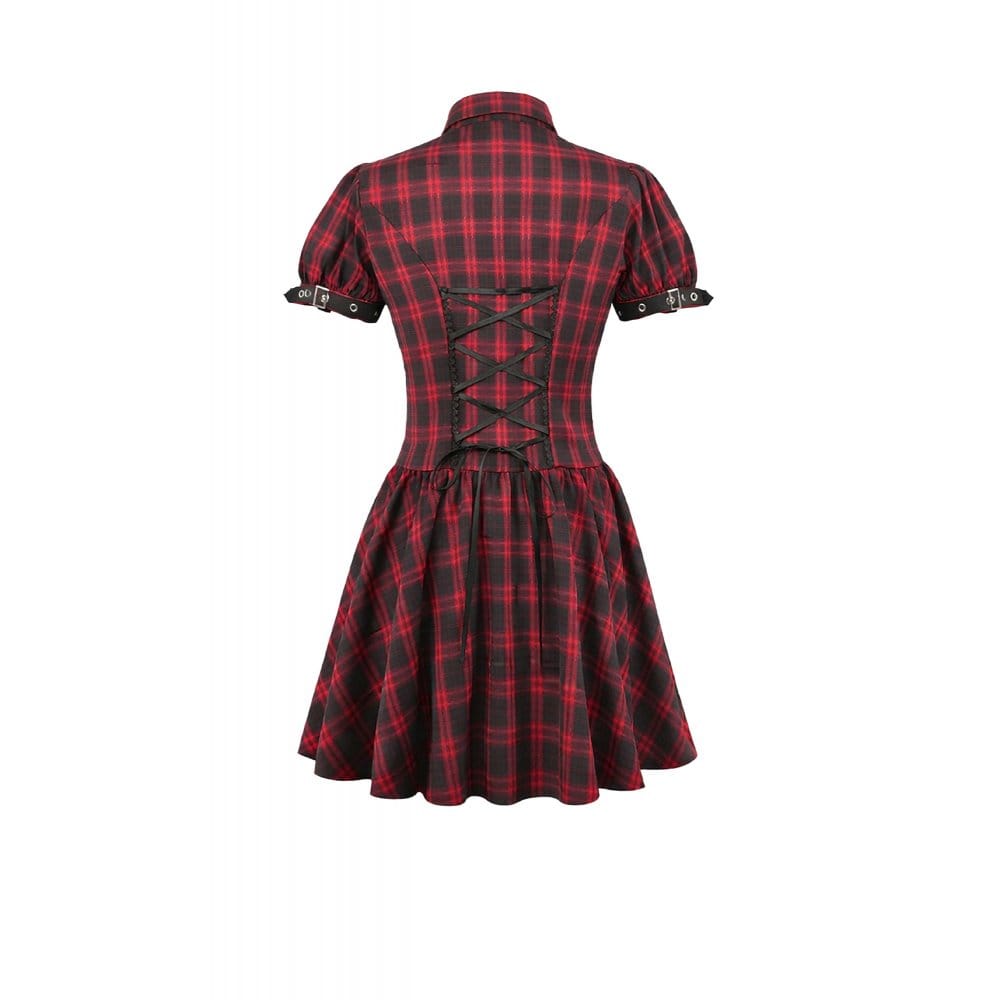 Darkinlove Women's Punk Cutout Turn-down Collar Plaid Short Sleeve Dress