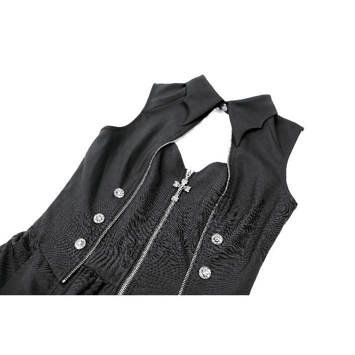 Darkinlove Women's Punk Cutout Turn-down Collar Zipper Irregular Hem Dress