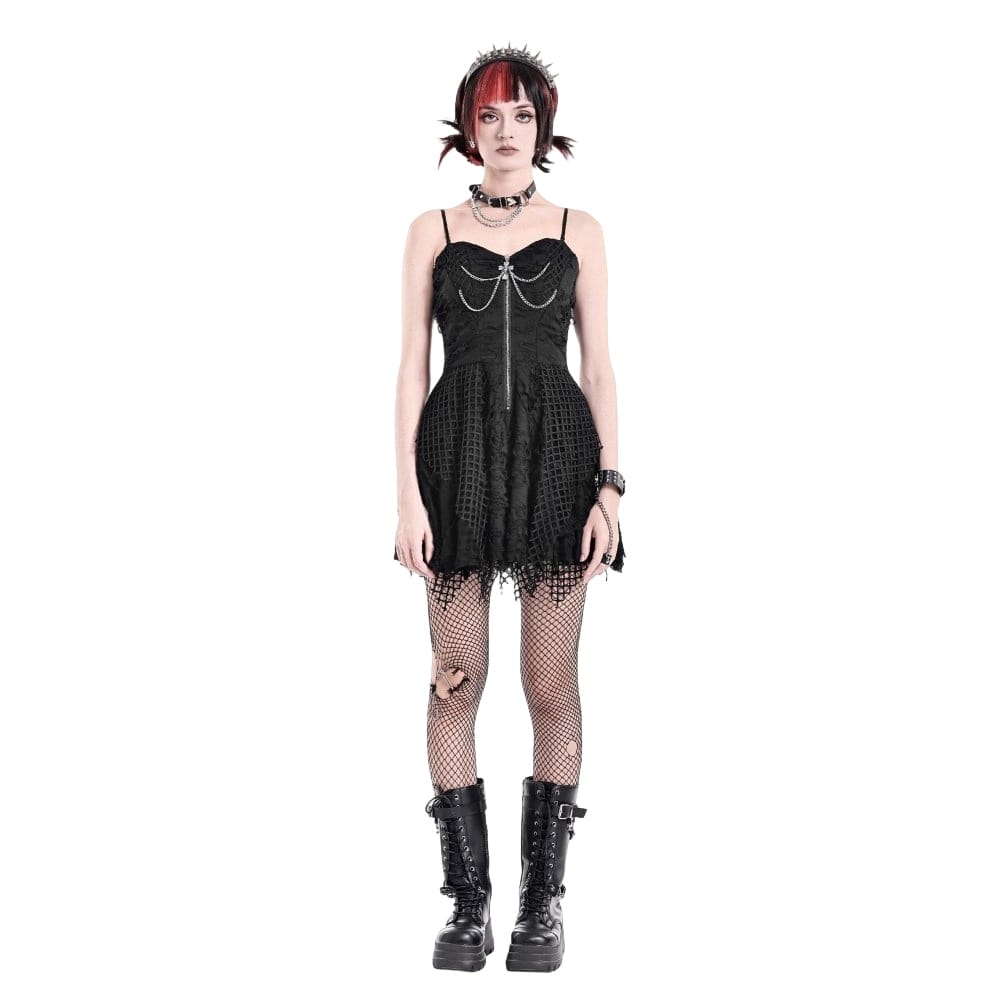 Darkinlove Women's Punk Distressed Chain Zipper Slip Dress