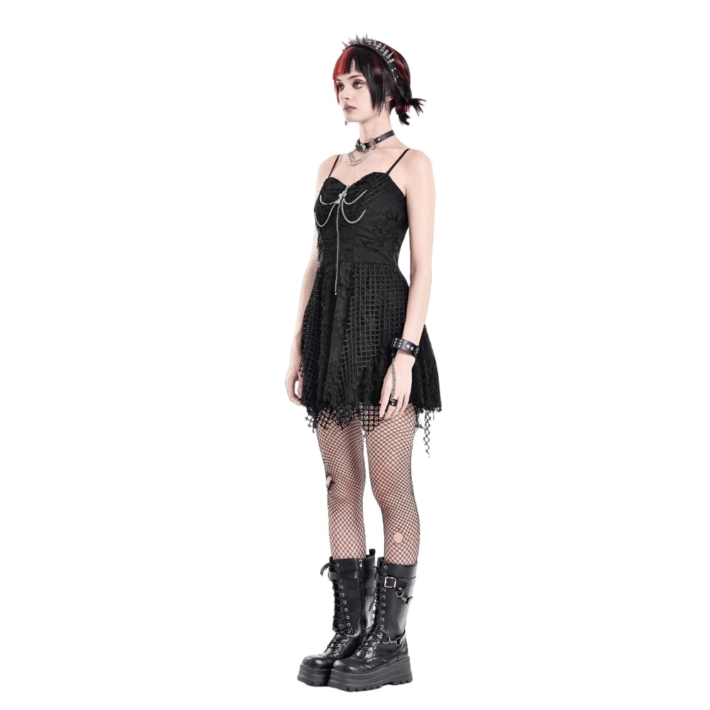Darkinlove Women's Punk Distressed Chain Zipper Slip Dress