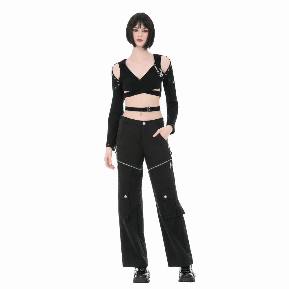 Darkinlove Women's Punk Eyelet Big Pocket Zipper Pants