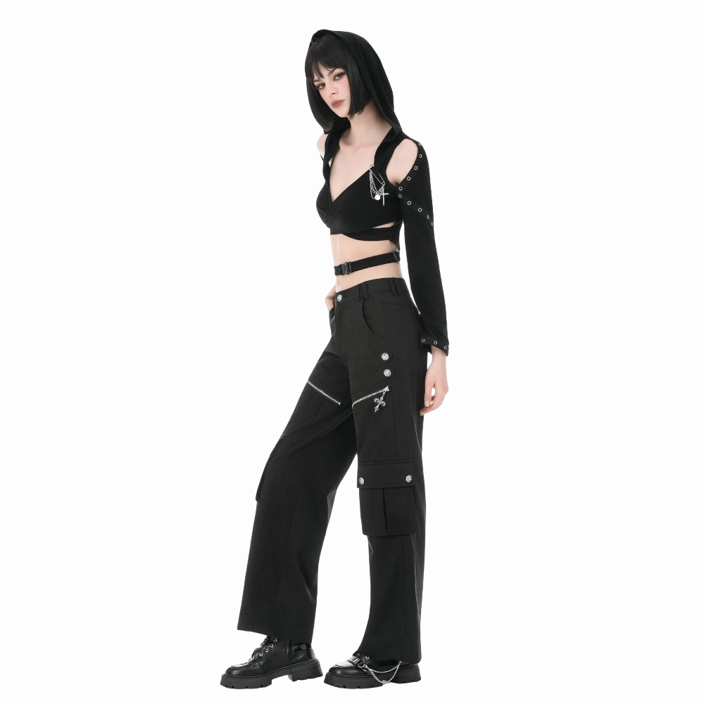 Darkinlove Women's Punk Eyelet Cutout Hooded Long Sleeve Crop Top with Detachable Brooch