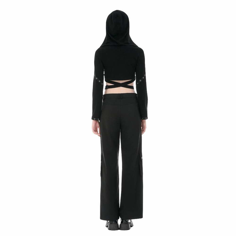 Darkinlove Women's Punk Eyelet Cutout Hooded Long Sleeve Crop Top with Detachable Brooch