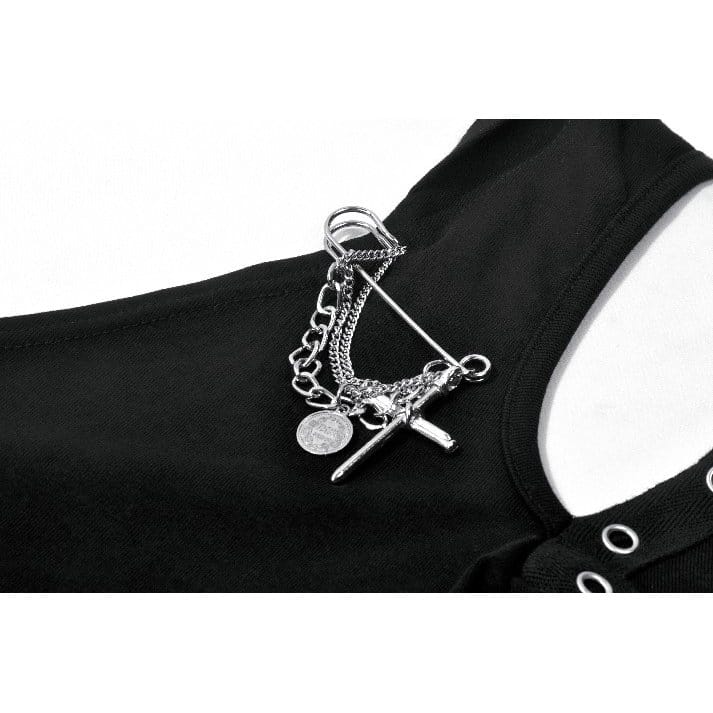 Darkinlove Women's Punk Eyelet Cutout Hooded Long Sleeve Crop Top with Detachable Brooch