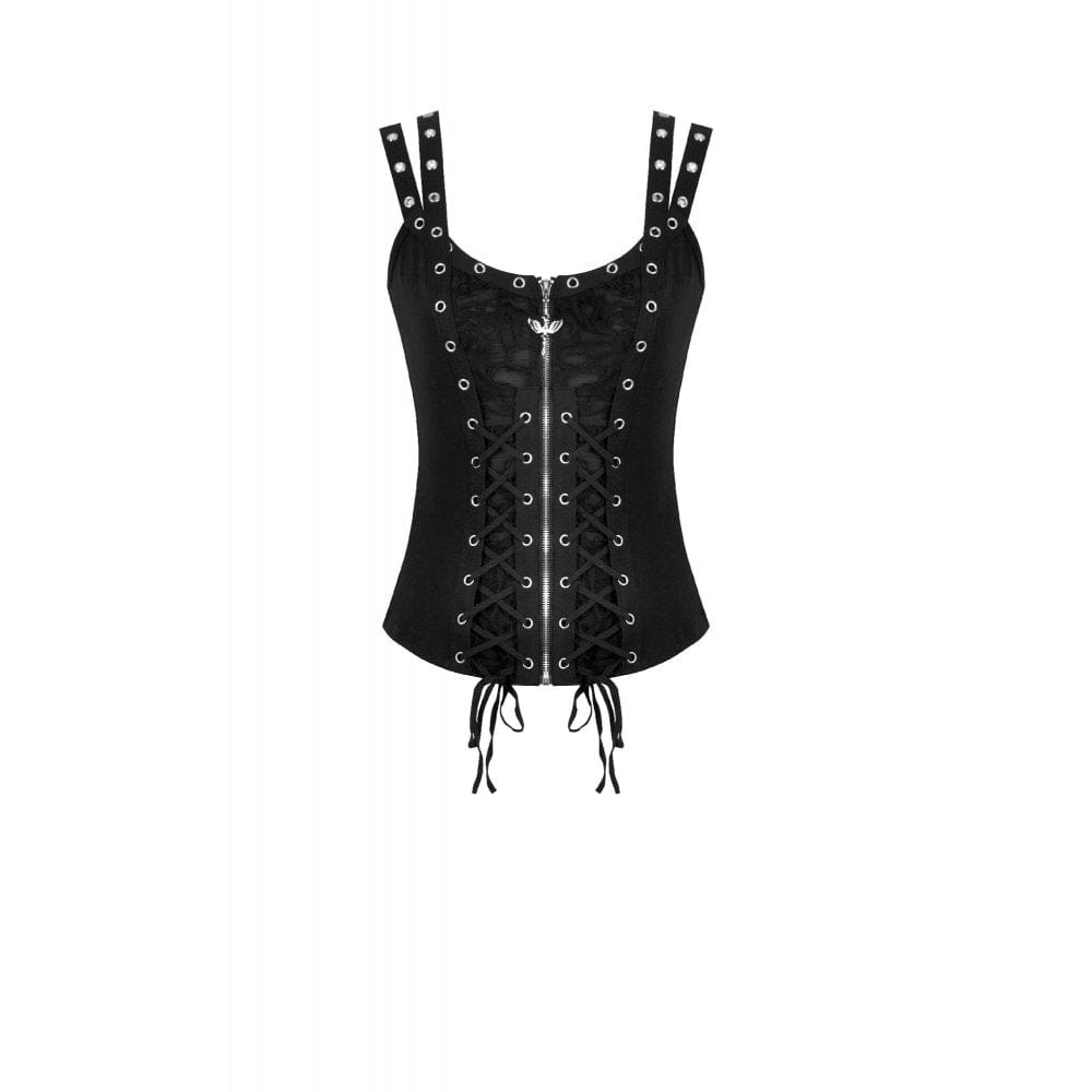 Darkinlove Women's Punk Eyelet Distressed Lace-up Zip Tank Top