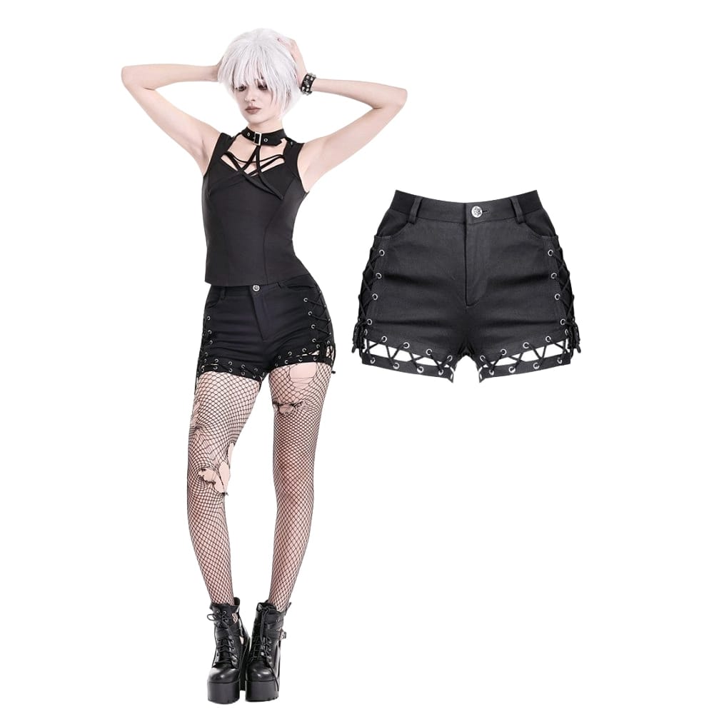 Darkinlove Women's Punk Eyelet Lace-up Cutout Shorts