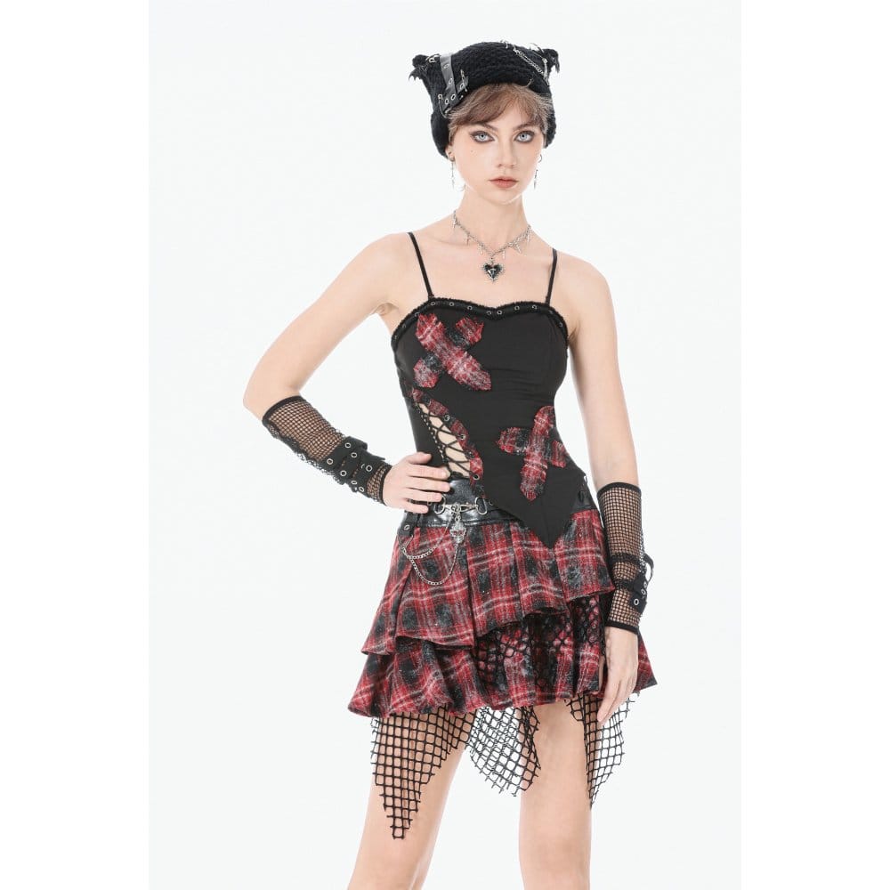 Darkinlove Women's Punk Eyelet Plaid Cross Bustier