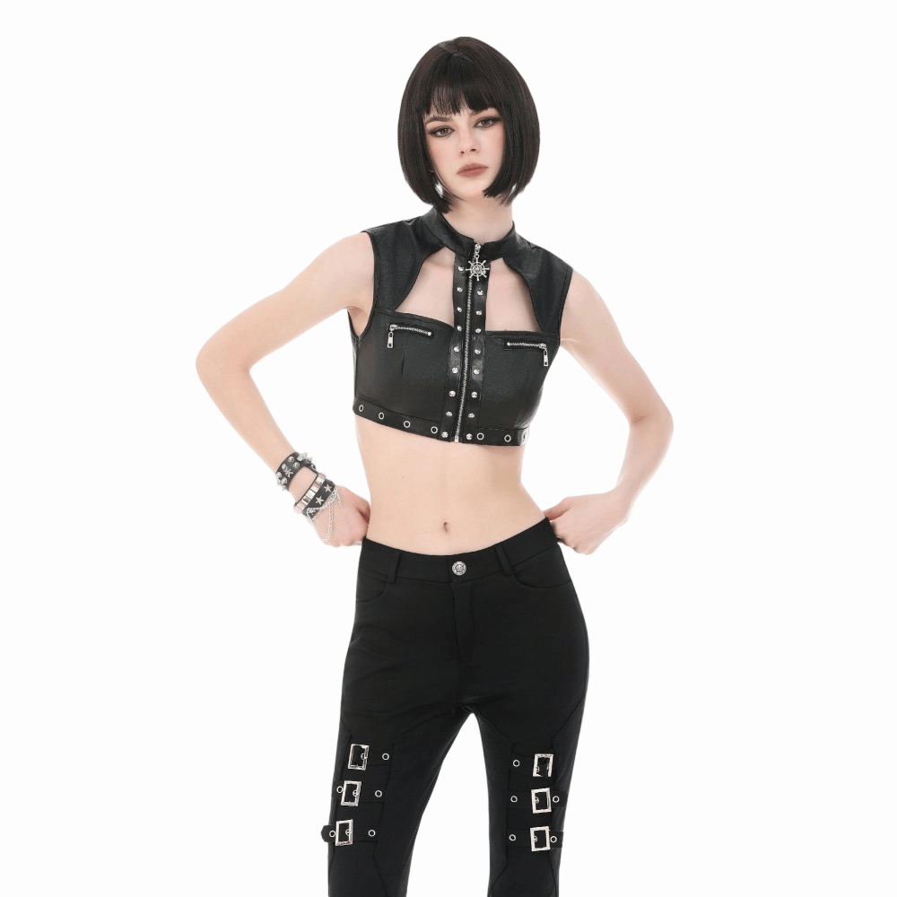 Darkinlove Women's Punk Eyelet Rivet Cutout Zipper Crop Top