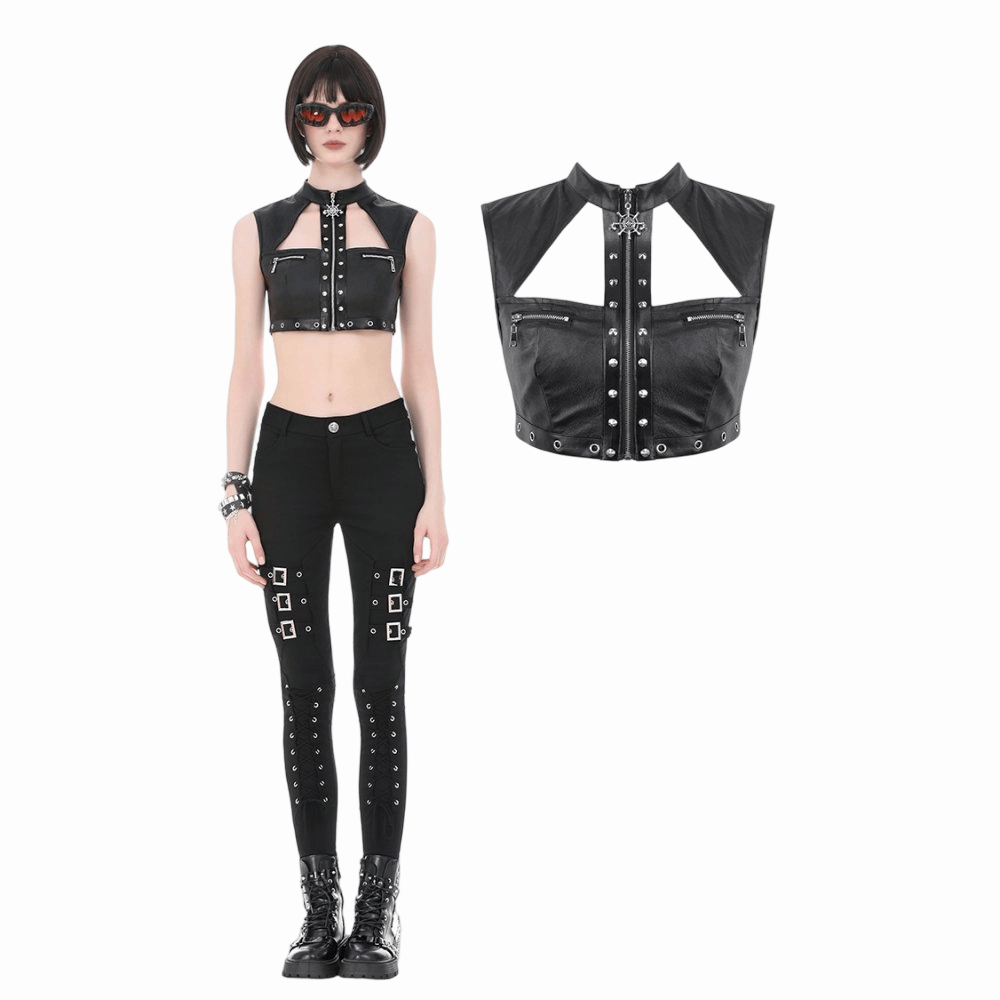 Darkinlove Women's Punk Eyelet Rivet Cutout Zipper Crop Top