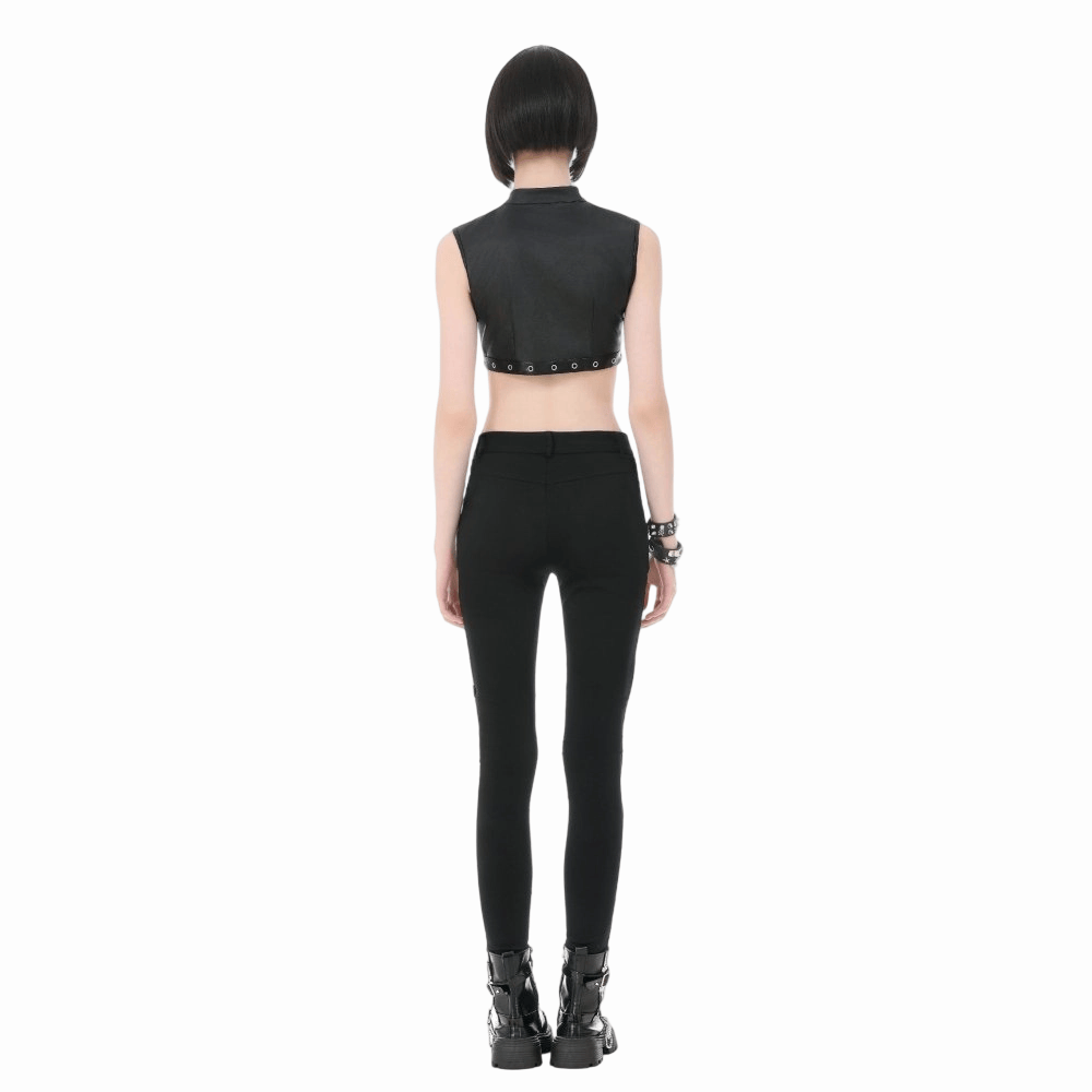 Darkinlove Women's Punk Eyelet Rivet Cutout Zipper Crop Top