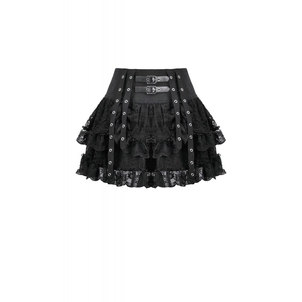 Darkinlove Women's Punk Eyelet Strap Multilayer Lace Mini Skirt