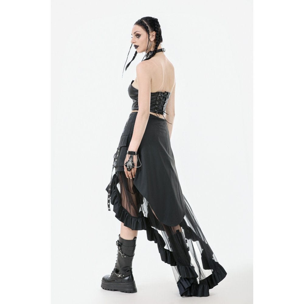 Darkinlove Women's Punk Faux Leather Straps Multilayered High/low Mesh Skirt