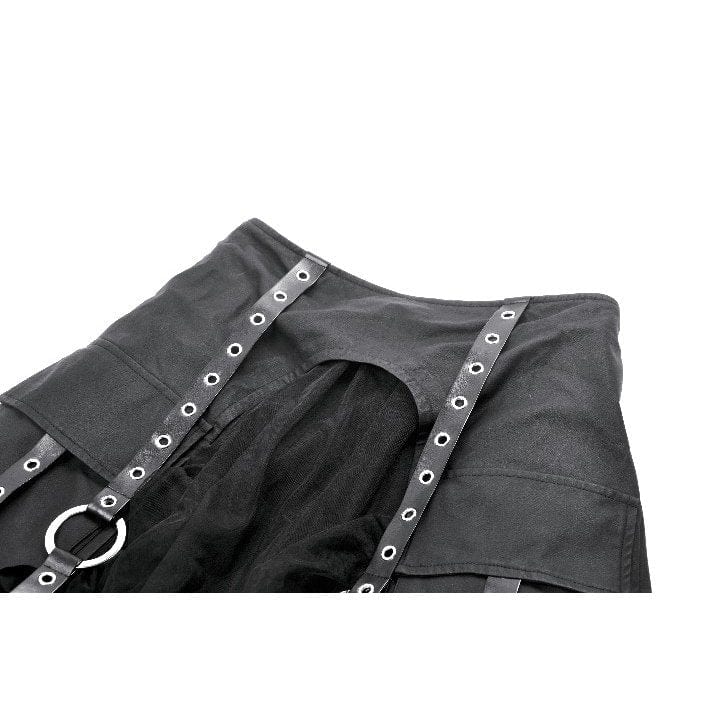 Darkinlove Women's Punk Faux Leather Straps Multilayered High/low Mesh Skirt