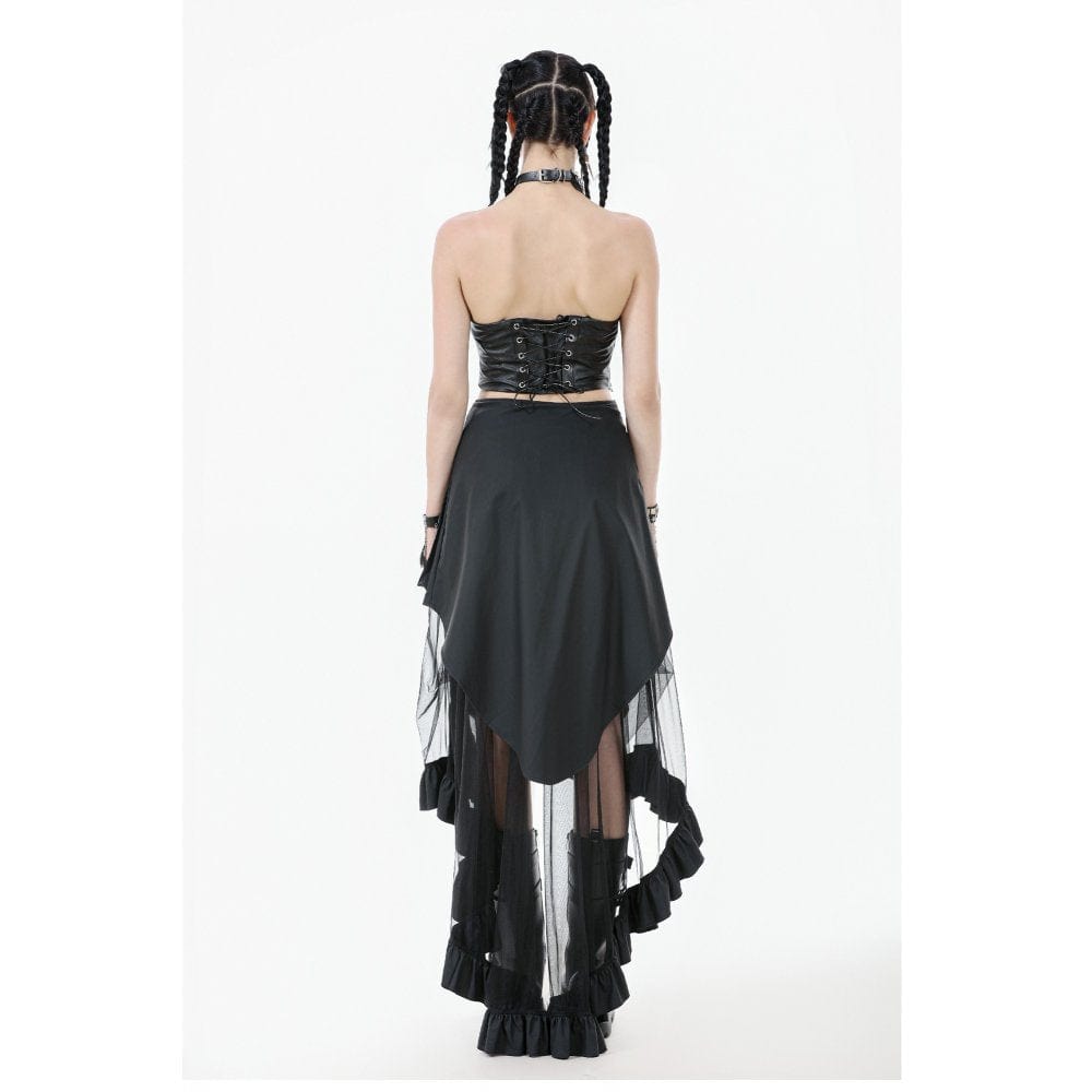 Darkinlove Women's Punk Faux Leather Straps Multilayered High/low Mesh Skirt