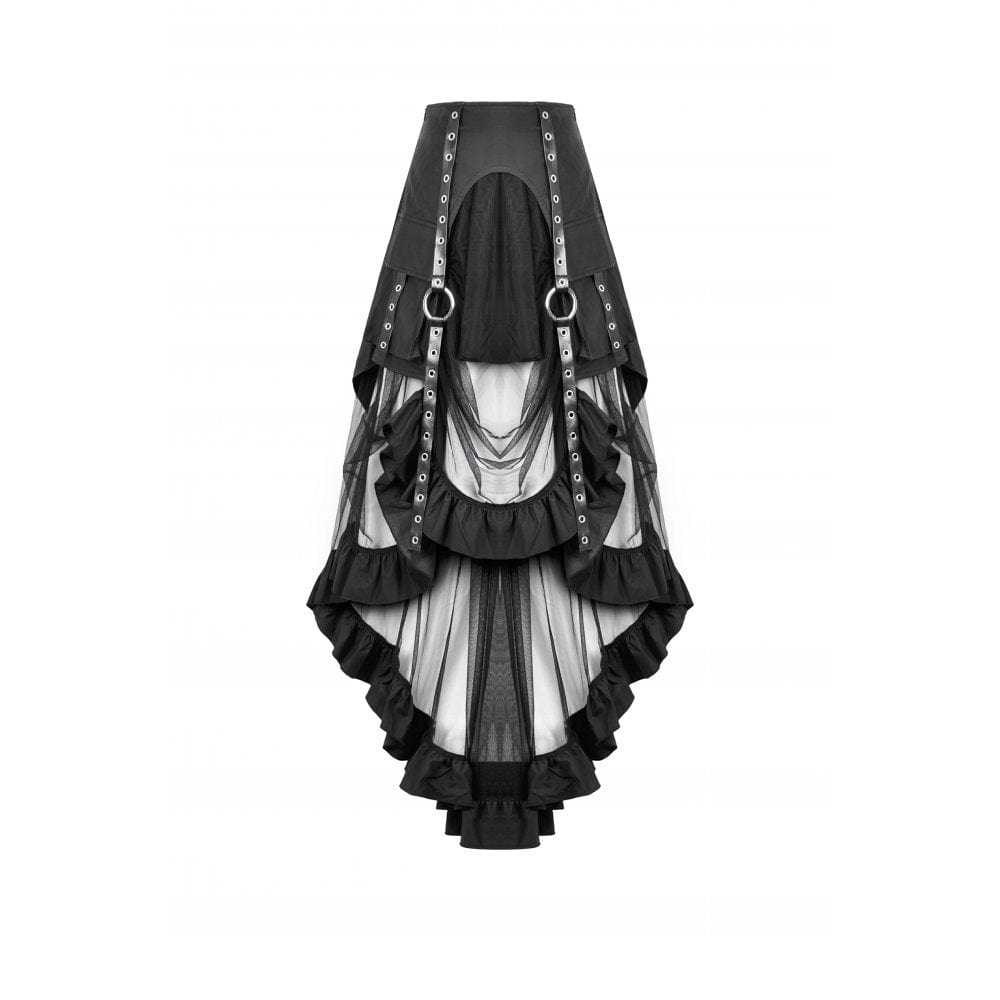 Darkinlove Women's Punk Faux Leather Straps Multilayered High/low Mesh Skirt