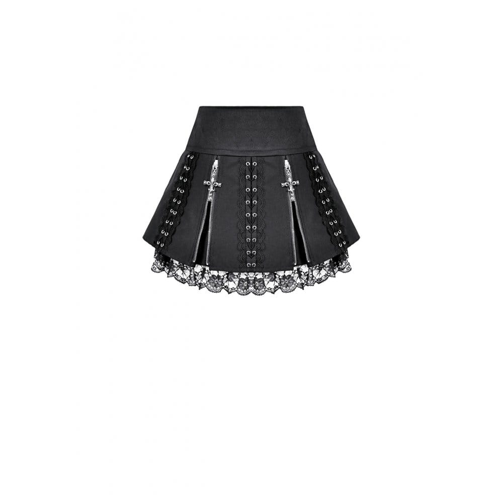 Darkinlove Women's Punk Floral Lace Patchwork Cross Zipper Mini Skirt