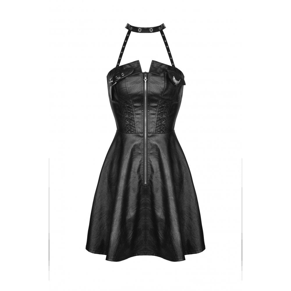 Darkinlove Women's Punk Front Zip Halterneck Faux Leather Dress